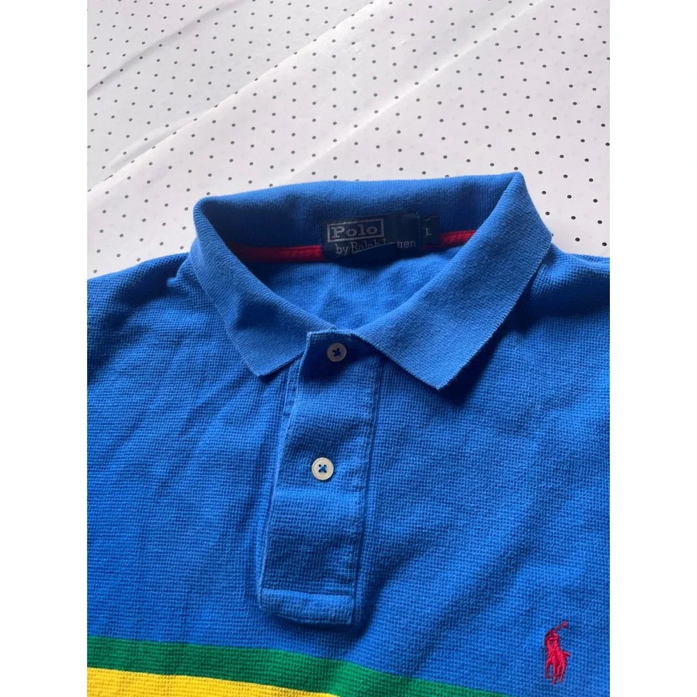 Polo Ralph Lauren Mens Blue Rainbow Multi Stripe Cotton Pique Polo Shirt Large